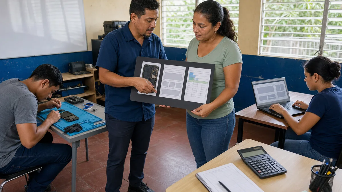 Estudiante visita un laboratorio técnico y revisa con un instructor evidencias de reparación, desarrollo web y gestión.