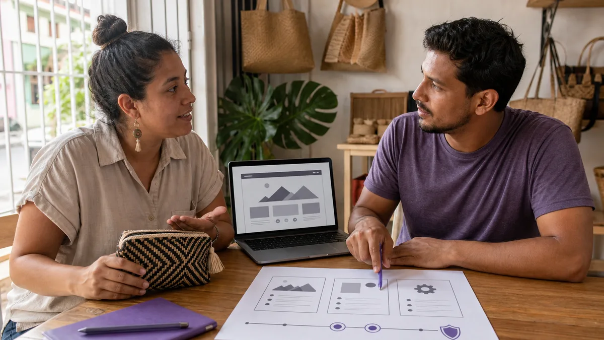 Desarrollador freelance y emprendedora definen alcance, revisiones y soporte para el sitio web de un negocio local.
