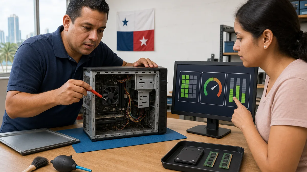 Técnico y estudiante diagnostican disco, temperatura y memoria de una computadora lenta antes de decidir mejoras.