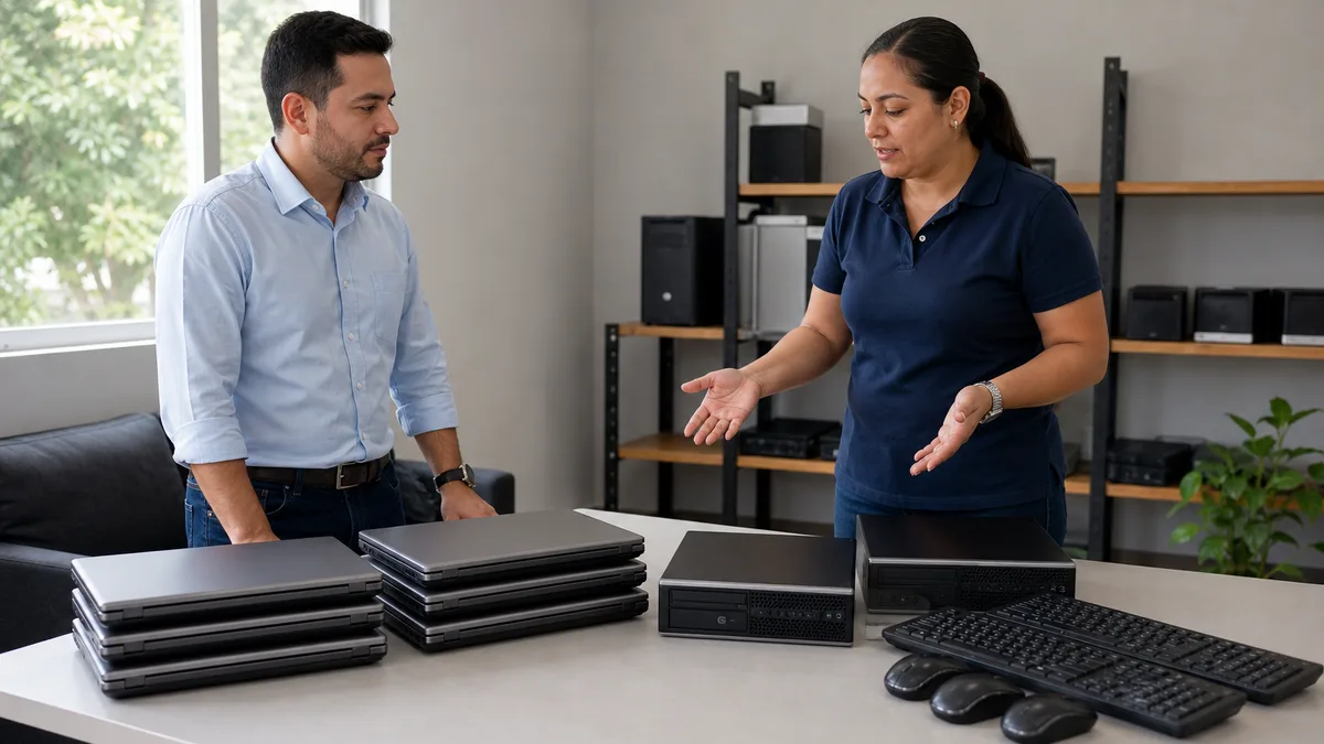 Representantes de una empresa entregando laptops y equipos tecnológicos inventariados para una donación.