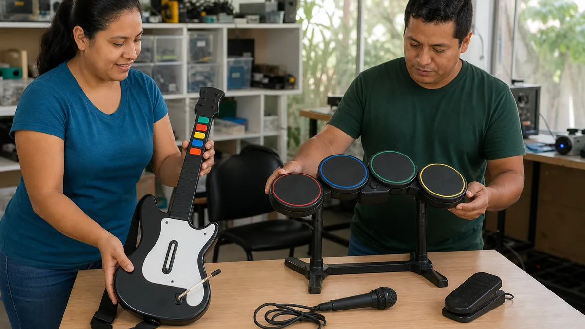 Donante y técnico revisan una guitarra, batería y micrófono de videojuegos para reutilizarlos en educación.