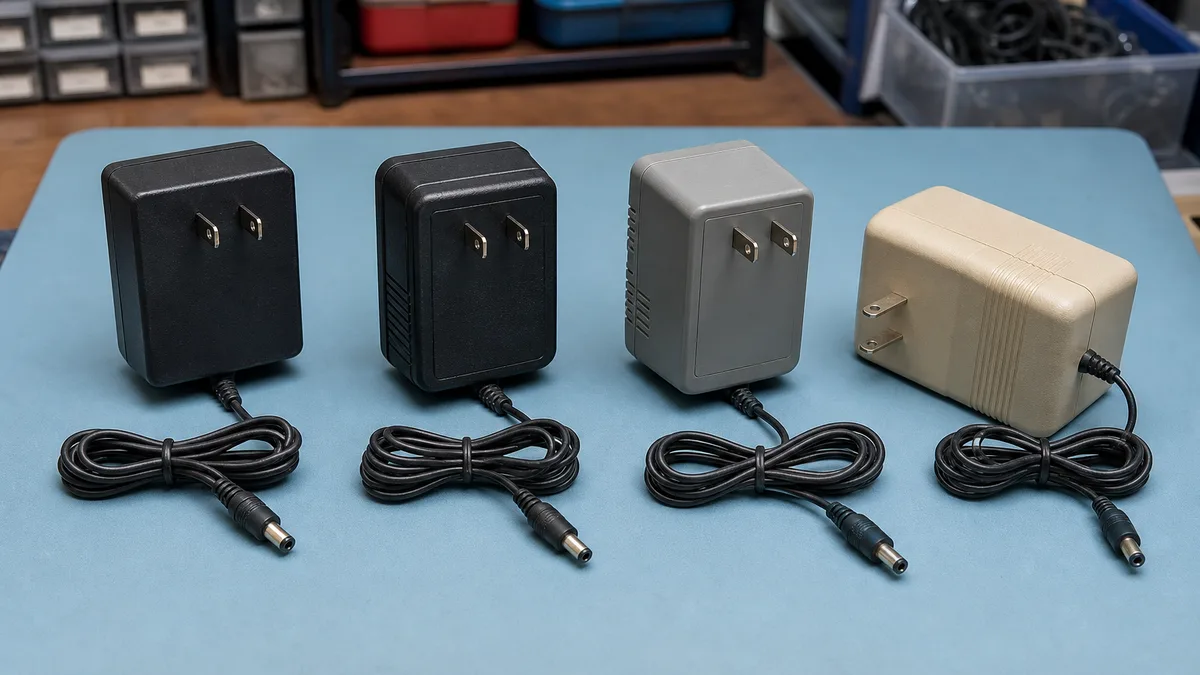 Cuatro adaptadores de corriente para consolas retro con cables y conectores cilíndricos separados.