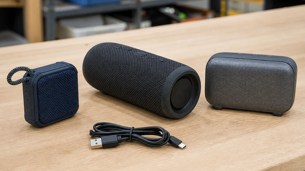 Tres altavoces Bluetooth portátiles usados con un cable USB de carga sobre una mesa.