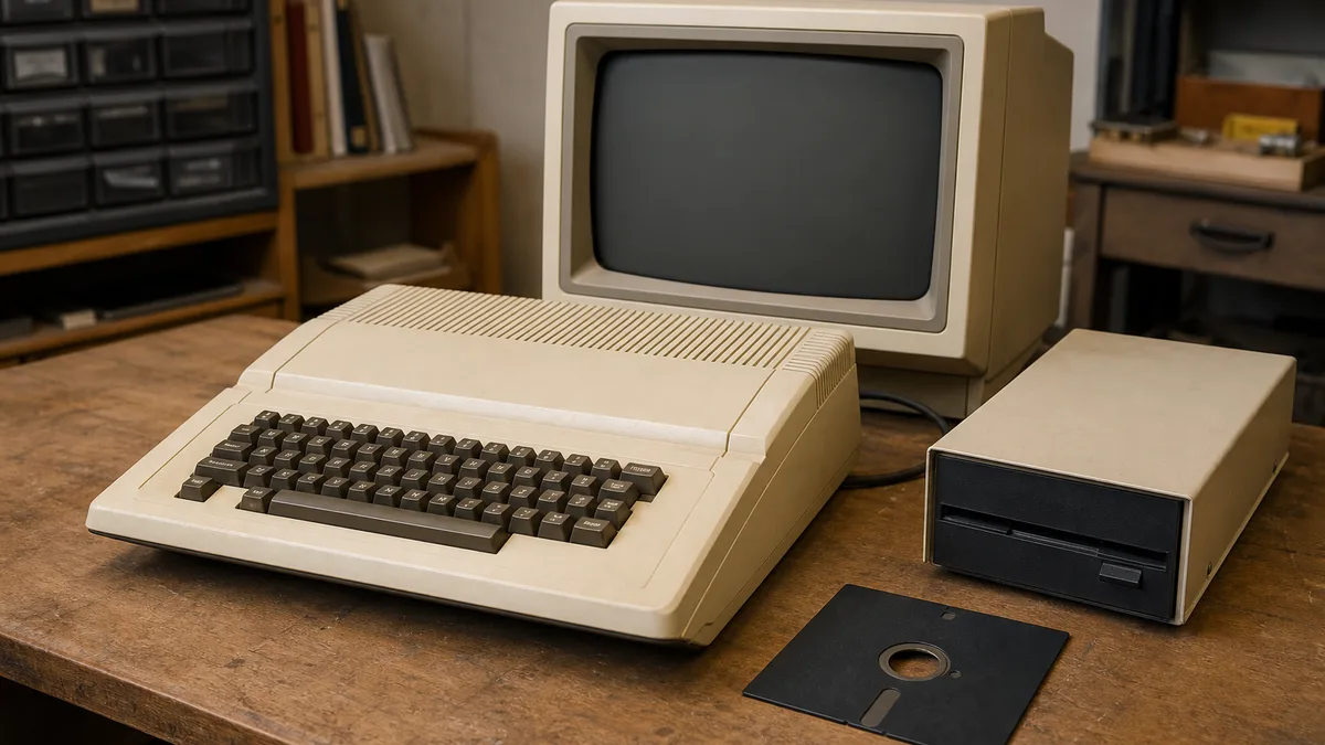Computadora Apple II de finales de los años setenta con teclado integrado, monitor CRT y disquetera externa de 5,25 pulgadas.