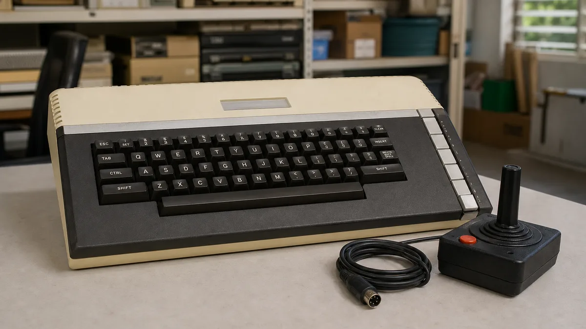 Computadora Atari 800XL de carcasa crema con teclado oscuro y joystick, preparada para donación educativa.