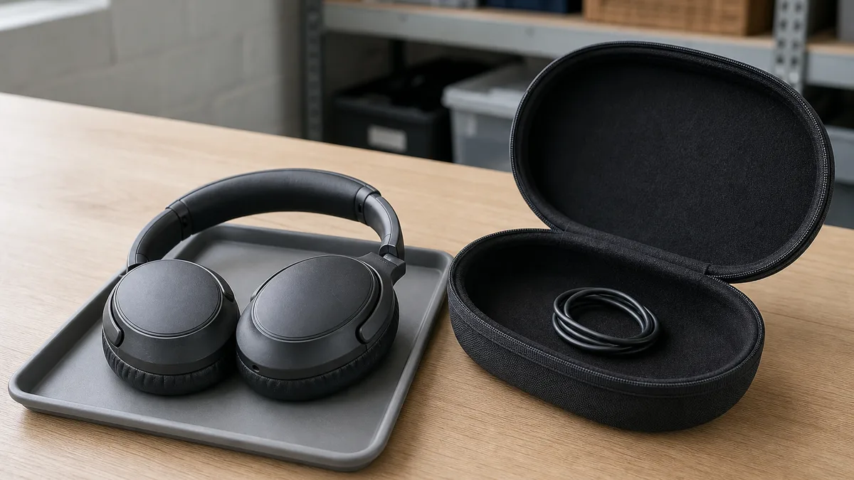 Audífonos Bluetooth over-ear usados con estuche abierto, cable de carga y bandeja de evaluación.