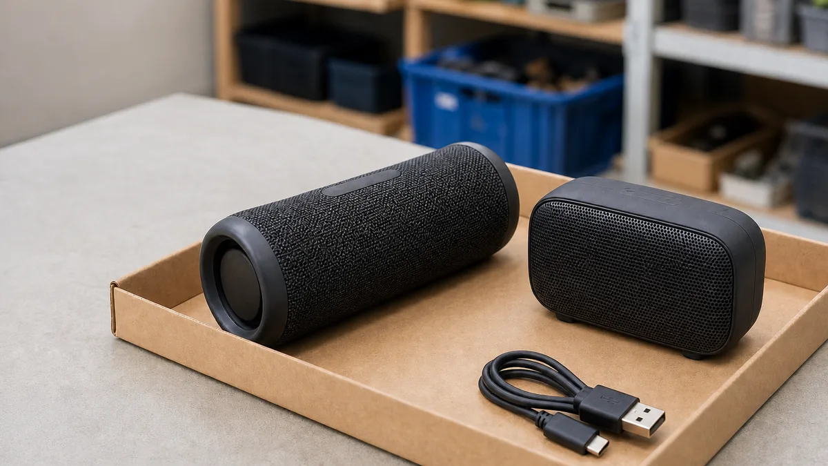 Dos bocinas Bluetooth usadas con cable de carga dentro de una bandeja de recepción de donaciones.