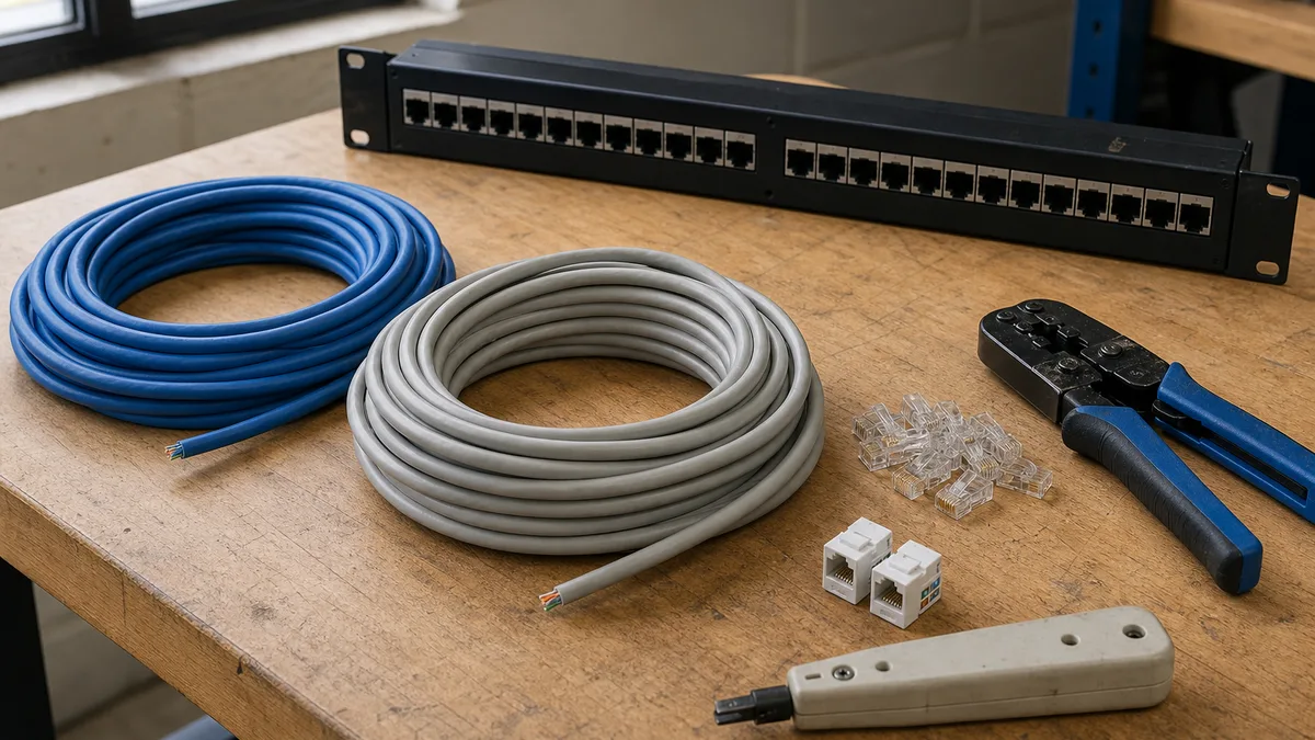 Rollos de cable Cat6 con patch panel, conectores RJ45 y herramientas de cableado sobre una mesa técnica.