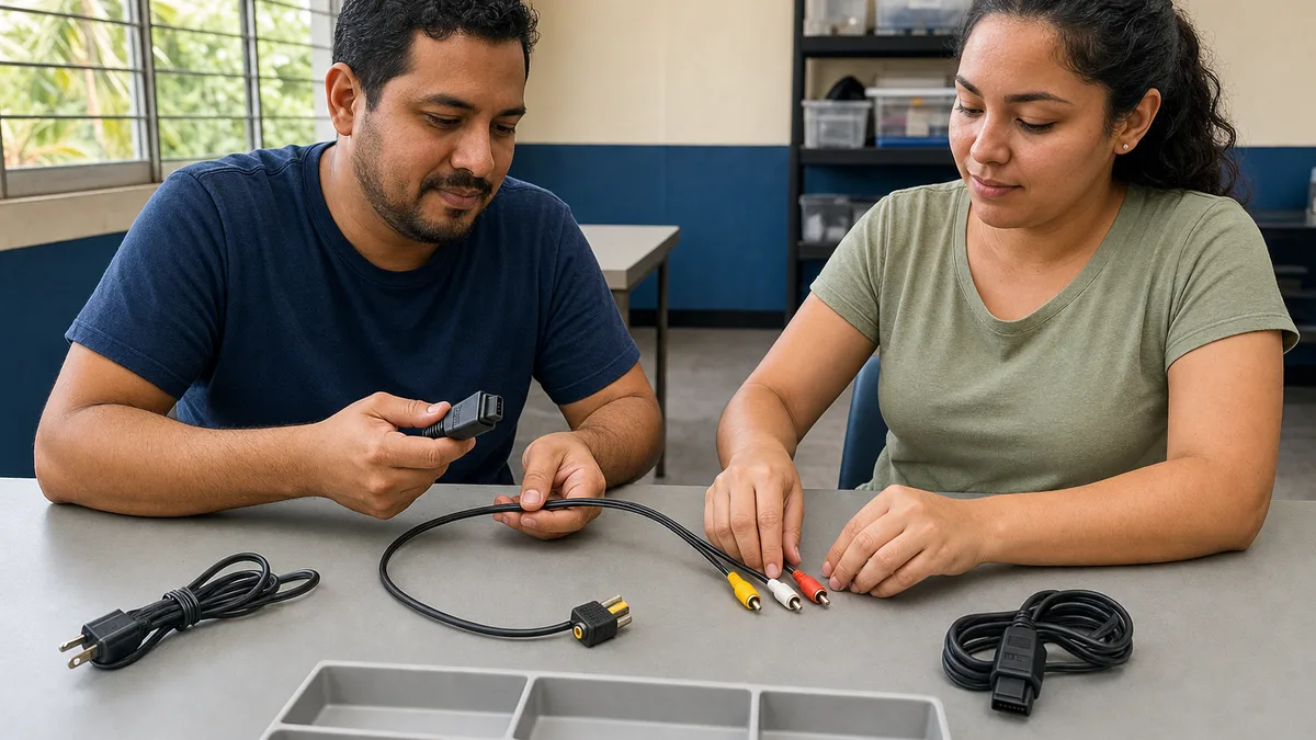 Dos personas clasifican un cable AV con conectores RCA amarillo, blanco y rojo junto a otros accesorios de consola.