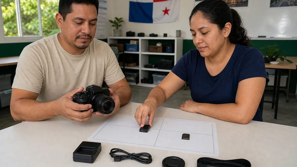 Donante y estudiante revisan una cámara digital, su batería, memoria y accesorios antes de reutilizarla.