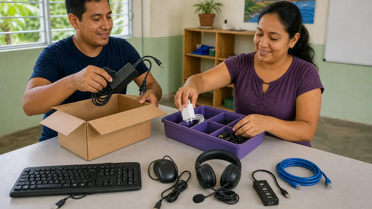 Dos personas clasifican cargadores, cables y periféricos donados para completar equipos y apoyar talleres.