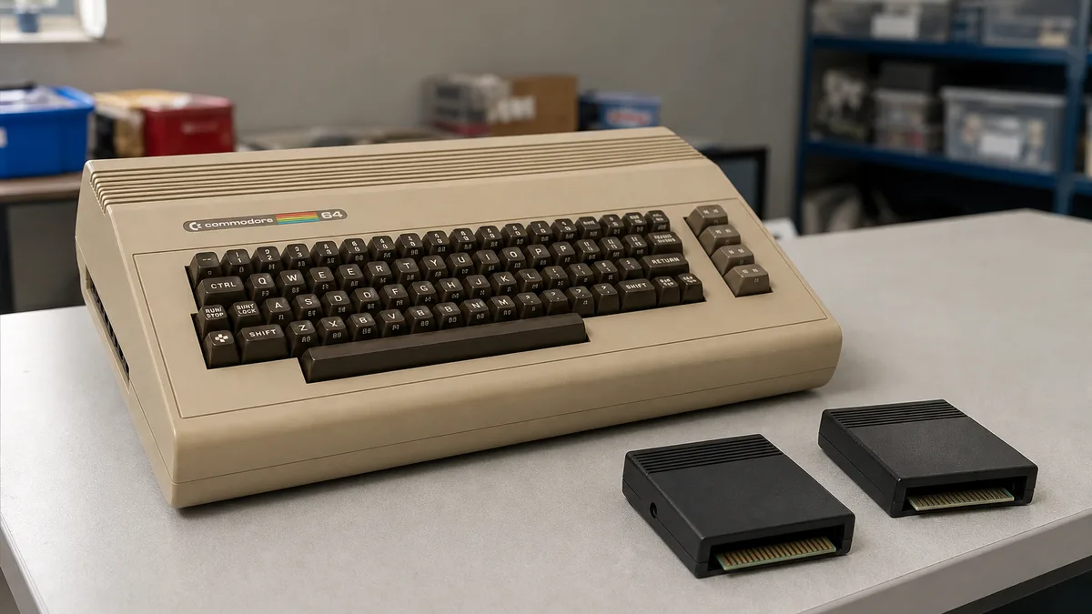 Commodore 64 con dos cartuchos de expansión separados y sus conectores visibles.