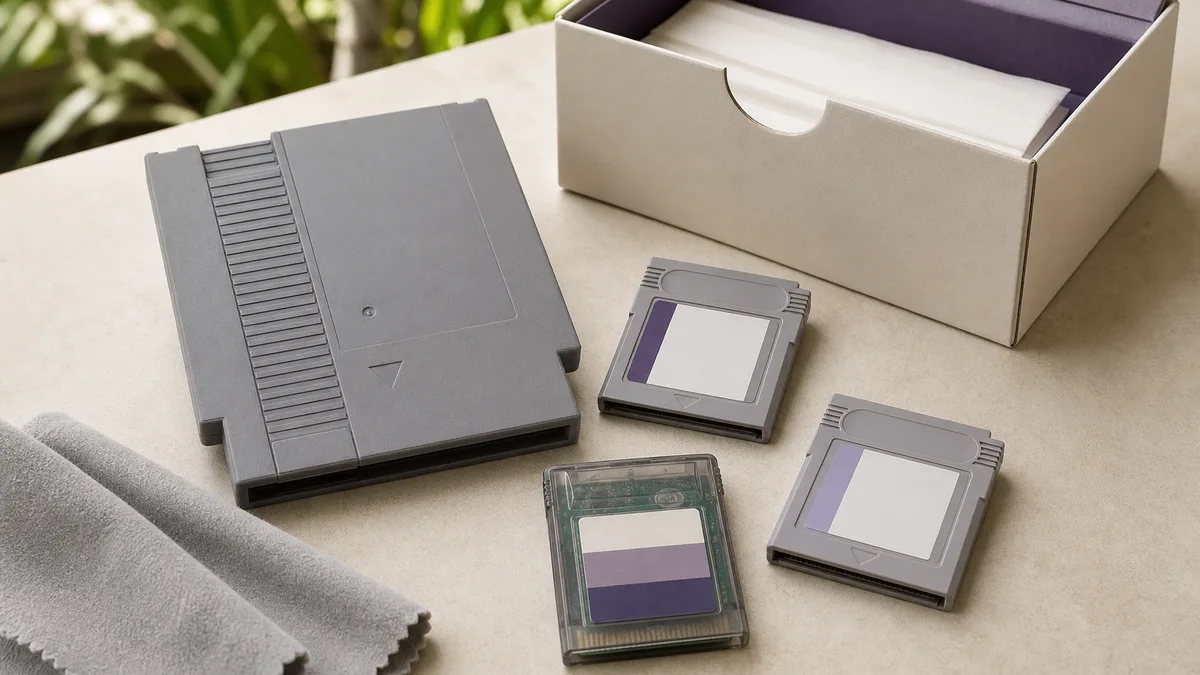 Cuatro cartuchos antiguos de NES y Game Boy organizados para donación y conservación educativa.