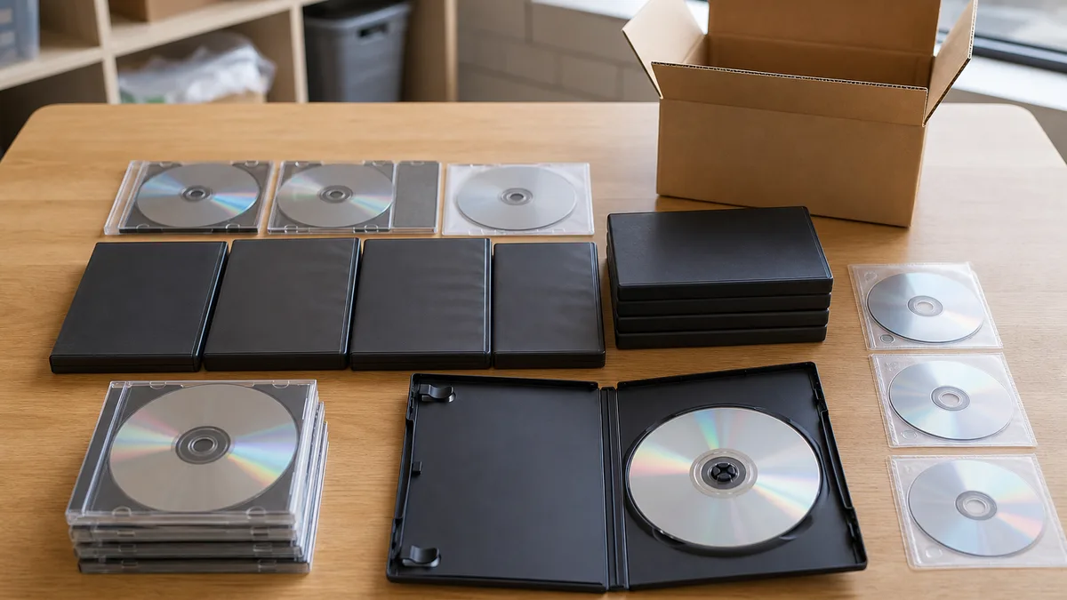 Colección ordenada de CDs, DVDs y discos de videojuegos usados con sus estuches y una caja de donación.