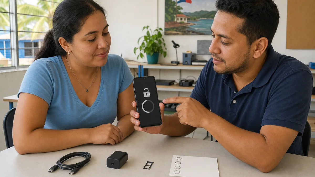 Donante y técnico preparan un celular sin caja, borrando datos y reuniendo cargador y bandeja SIM.