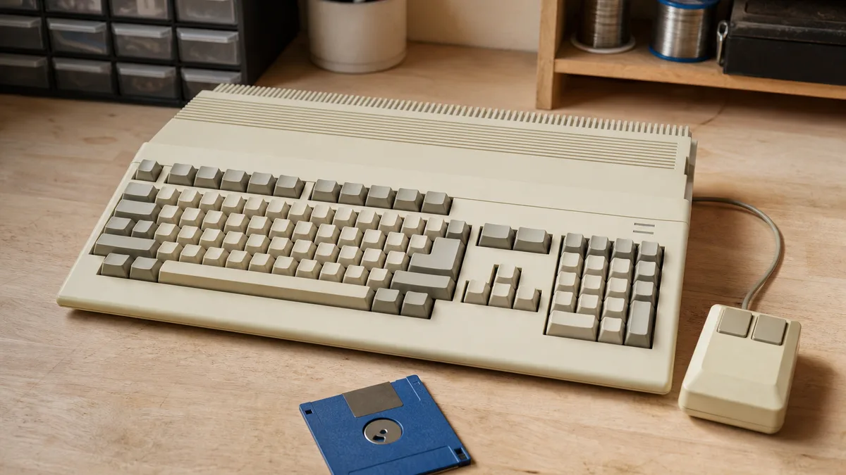 Computadora Amiga 500 con mouse y disquete de 3,5 pulgadas lista para restauración y donación educativa.