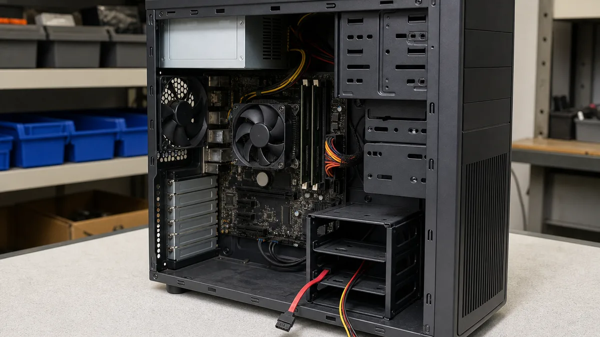 Torre de computadora abierta con bahías de disco vacías y cables SATA desconectados.