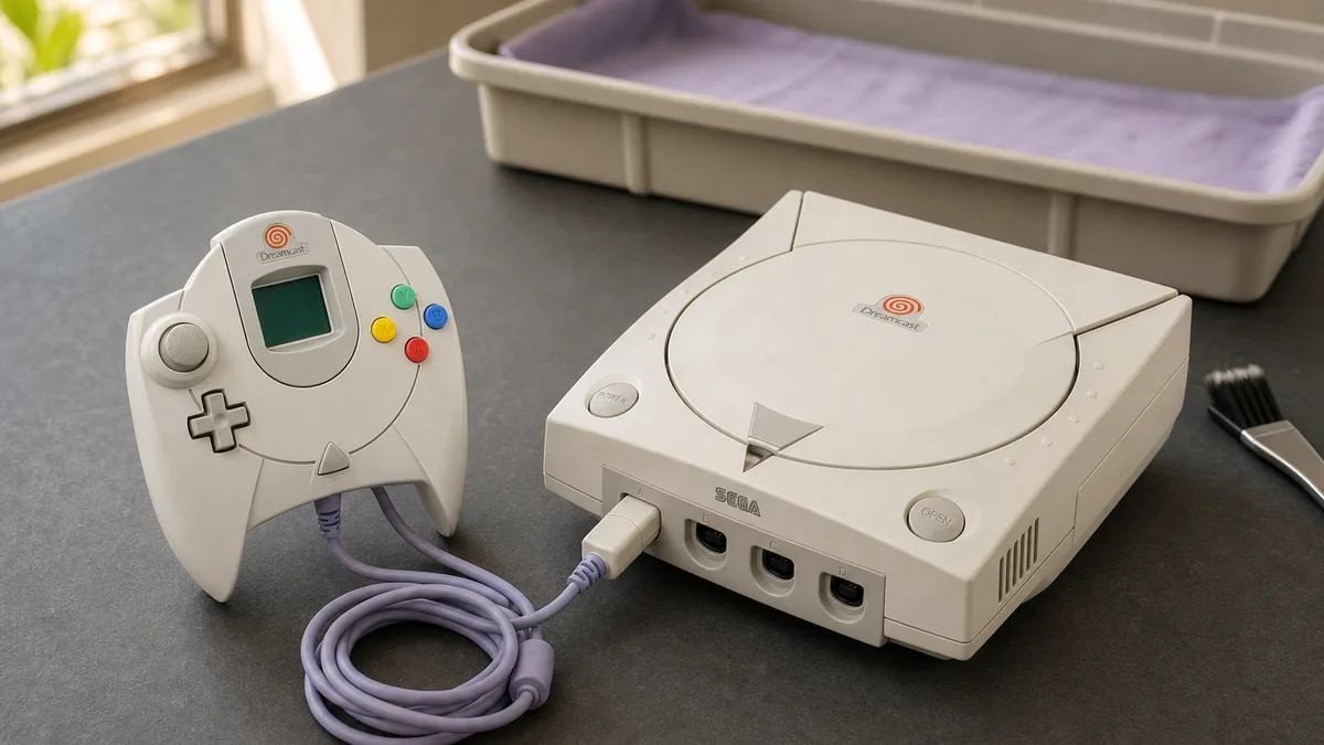 Consola Dreamcast blanca con su control cableado preparada para donación y reutilización educativa.