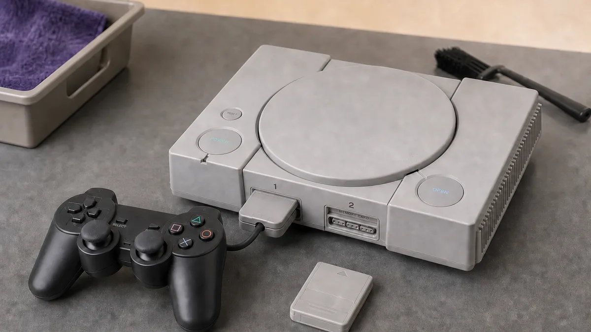 Consola PlayStation original gris con control conectado y tarjeta de memoria lista para donación.