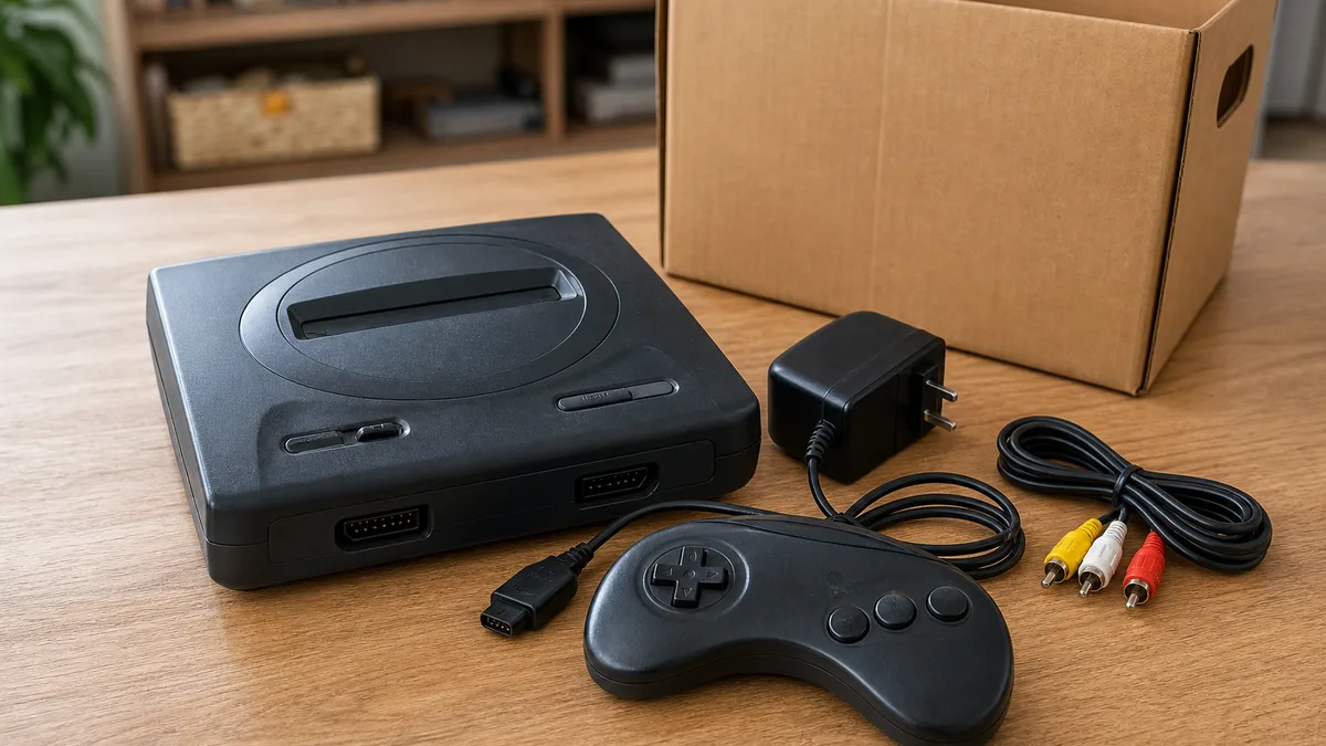 Consola retro de 16 bits con mando, adaptador y cable audiovisual, organizada para donación.