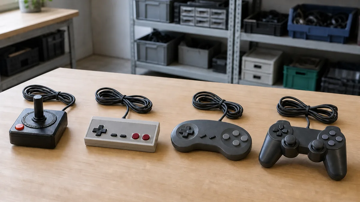 Cuatro controles retro separados, con sus cables, sobre una mesa de inspección tecnológica.