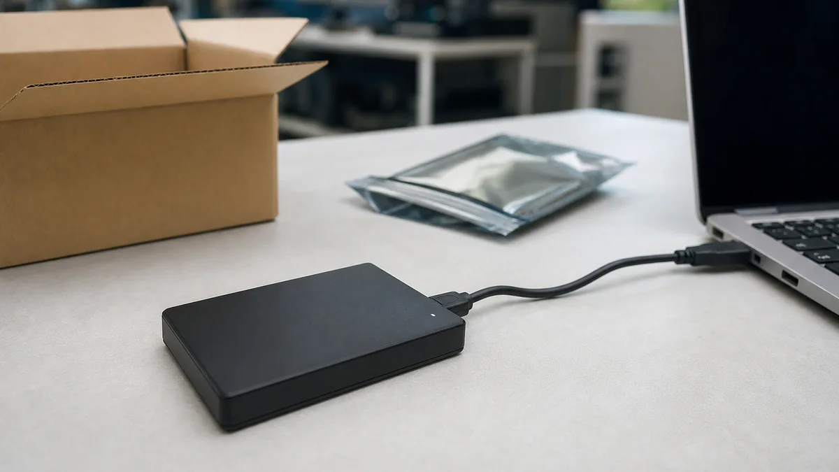 Disco duro externo negro conectado a una laptop junto a una caja y una bolsa antiestática.