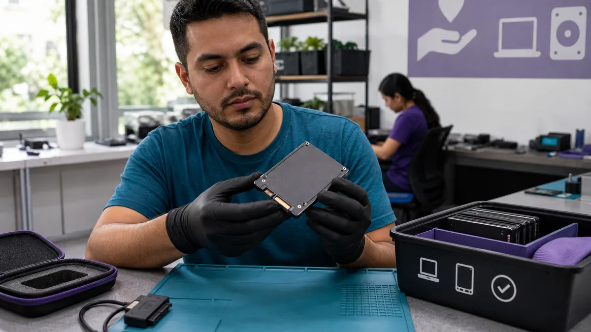 Técnico inspecciona una unidad SSD usada y sus conectores antes de clasificarla para reutilización.