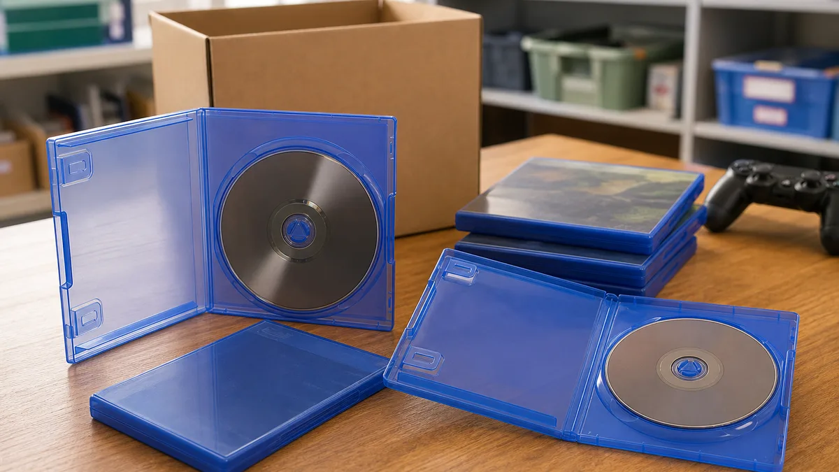 Estuches azules de juegos de PlayStation 4 con dos discos visibles sobre una mesa de donación.
