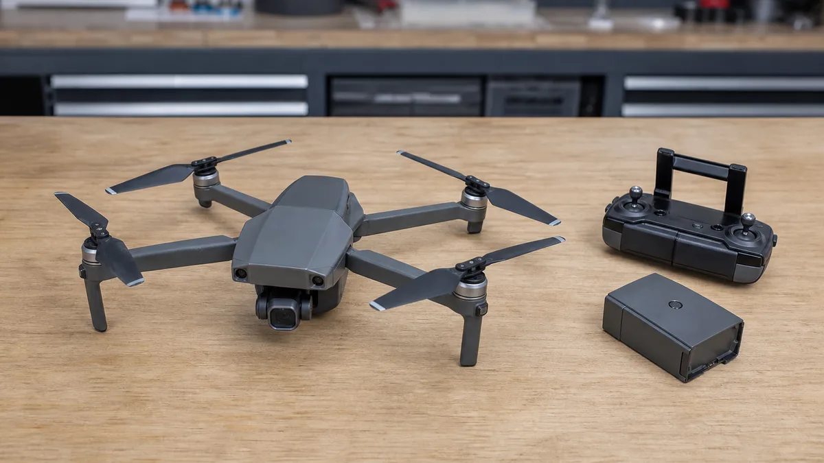 Dron cuadricóptero usado con control remoto y batería extraíble sobre una mesa de taller.