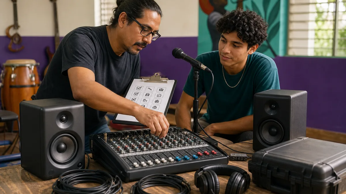 Técnico y músico prueban una consola, micrófono, monitores y cables antes de donar el equipo de sonido.