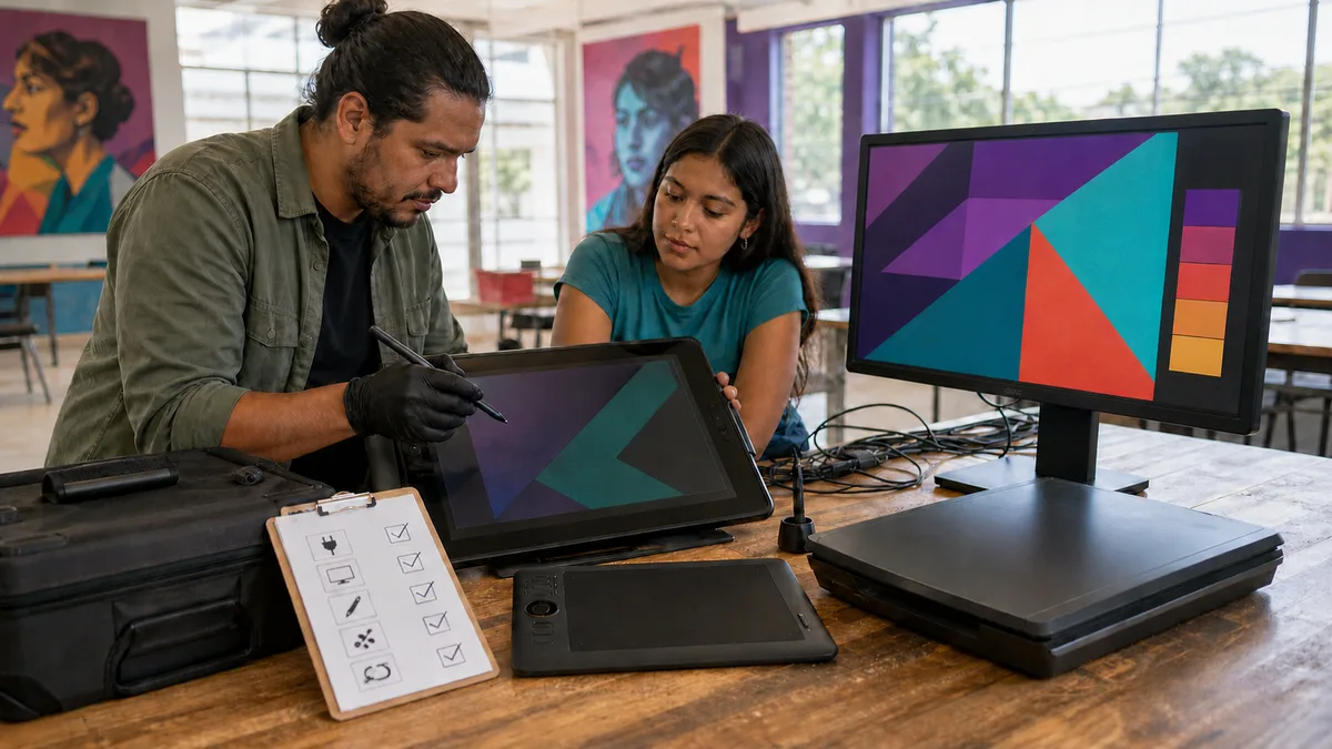 Técnico y estudiante prueban una tableta con pantalla, lápiz, monitor, escáner y accesorios de diseño gráfico.