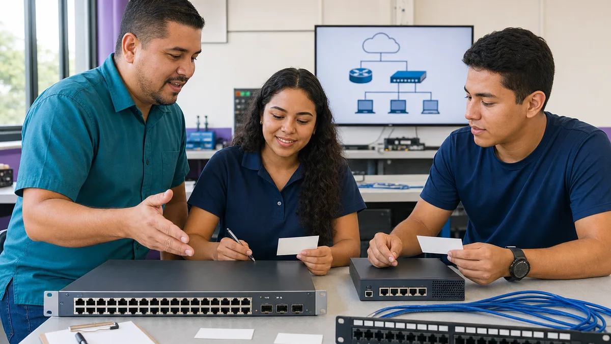 Instructor y estudiantes inventarían un switch empresarial, un router y cableado para reutilizarlos en un laboratorio.