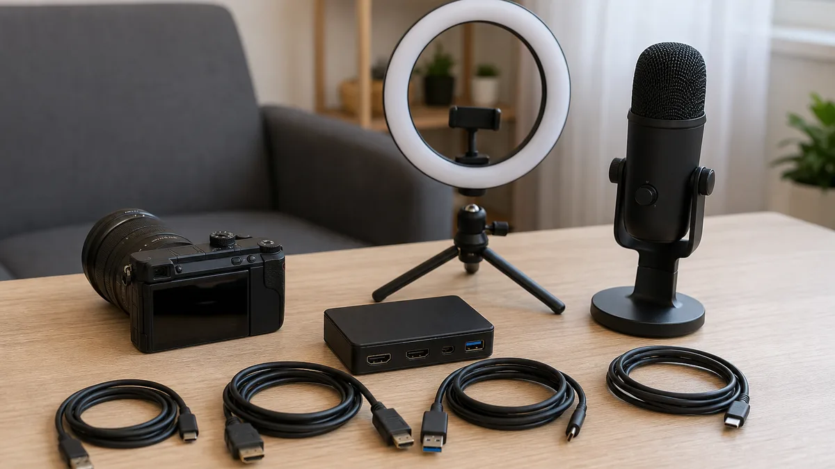Kit de streaming con cámara, capturadora, aro de luz, micrófono y cables.