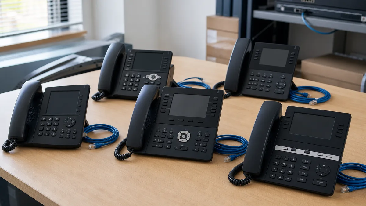 Cinco teléfonos IP empresariales usados con pantallas apagadas y cables Ethernet.