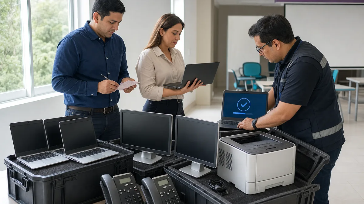Personal de una empresa inventaría laptops, monitores, impresora y teléfonos IP para una donación educativa.