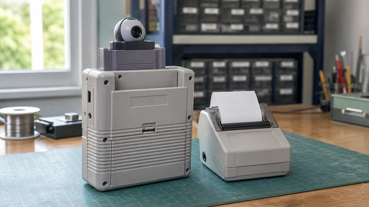 Consola portátil gris vista por detrás con cartucho-cámara insertado y pequeña impresora térmica separada en un banco de trabajo.