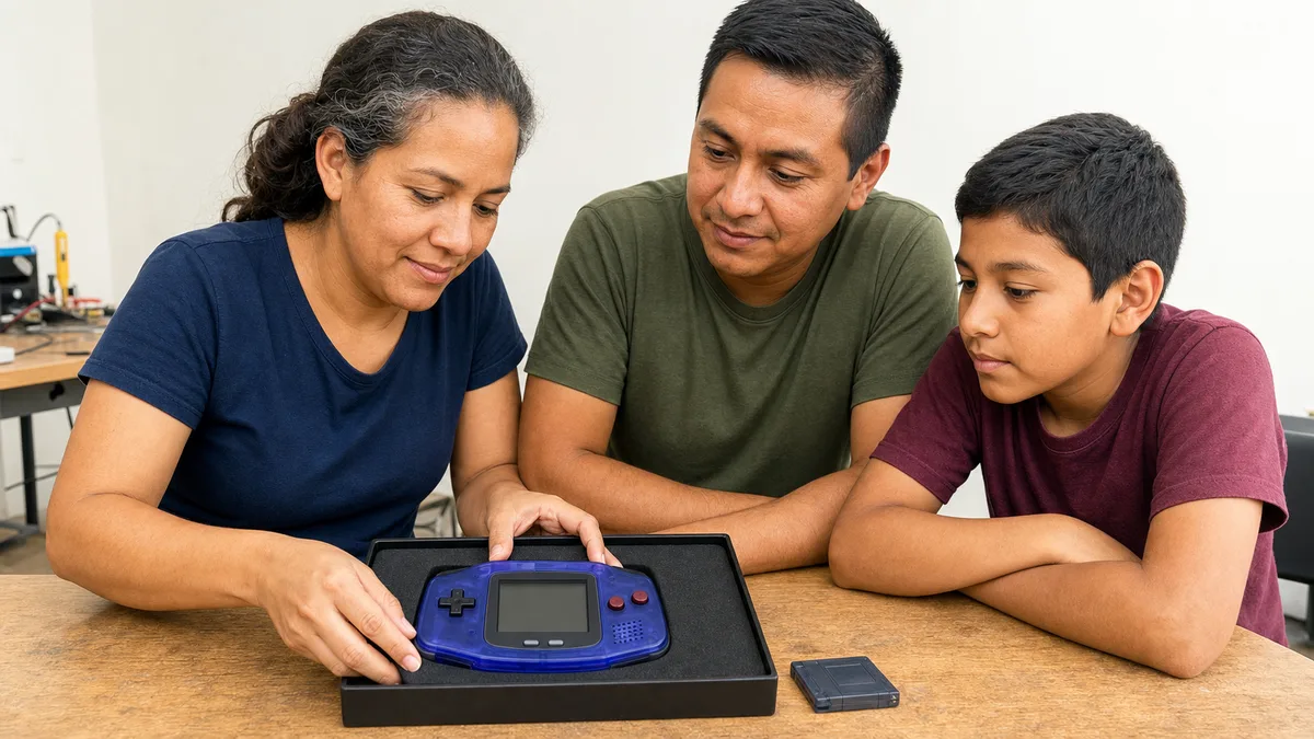 Familia entrega una consola portátil Game Boy Advance horizontal con cartucho para aprendizaje tecnológico.