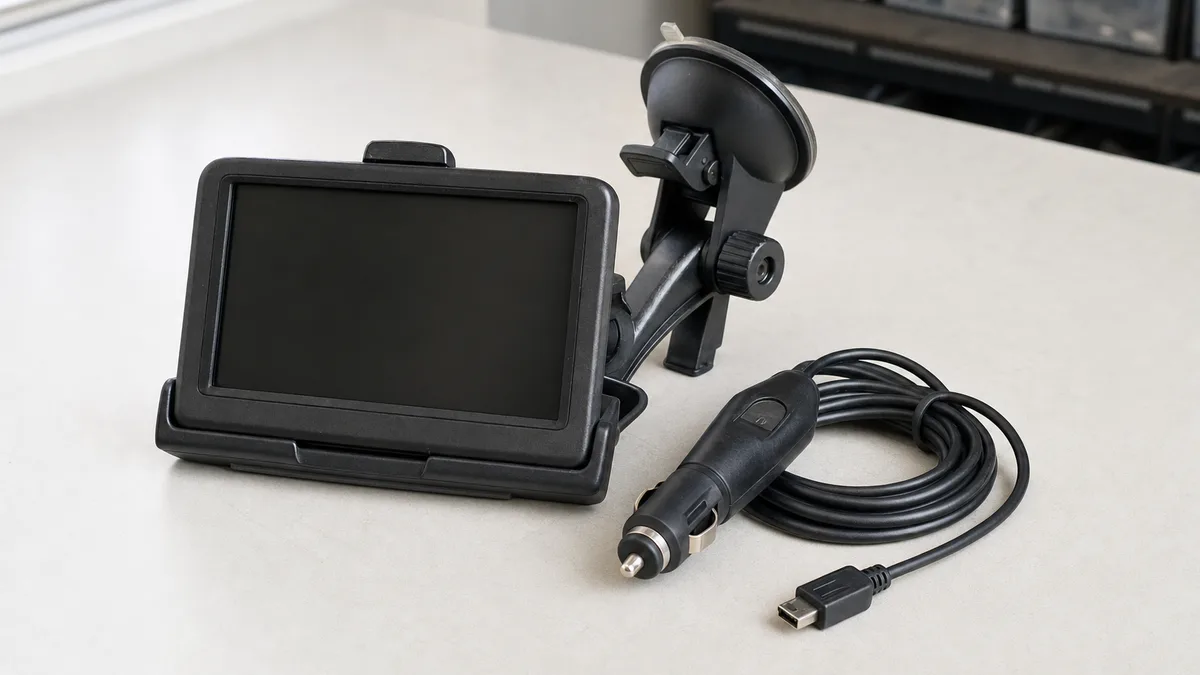 Navegador GPS vehicular usado con pantalla apagada, soporte de ventosa y cable de alimentación de 12 voltios.