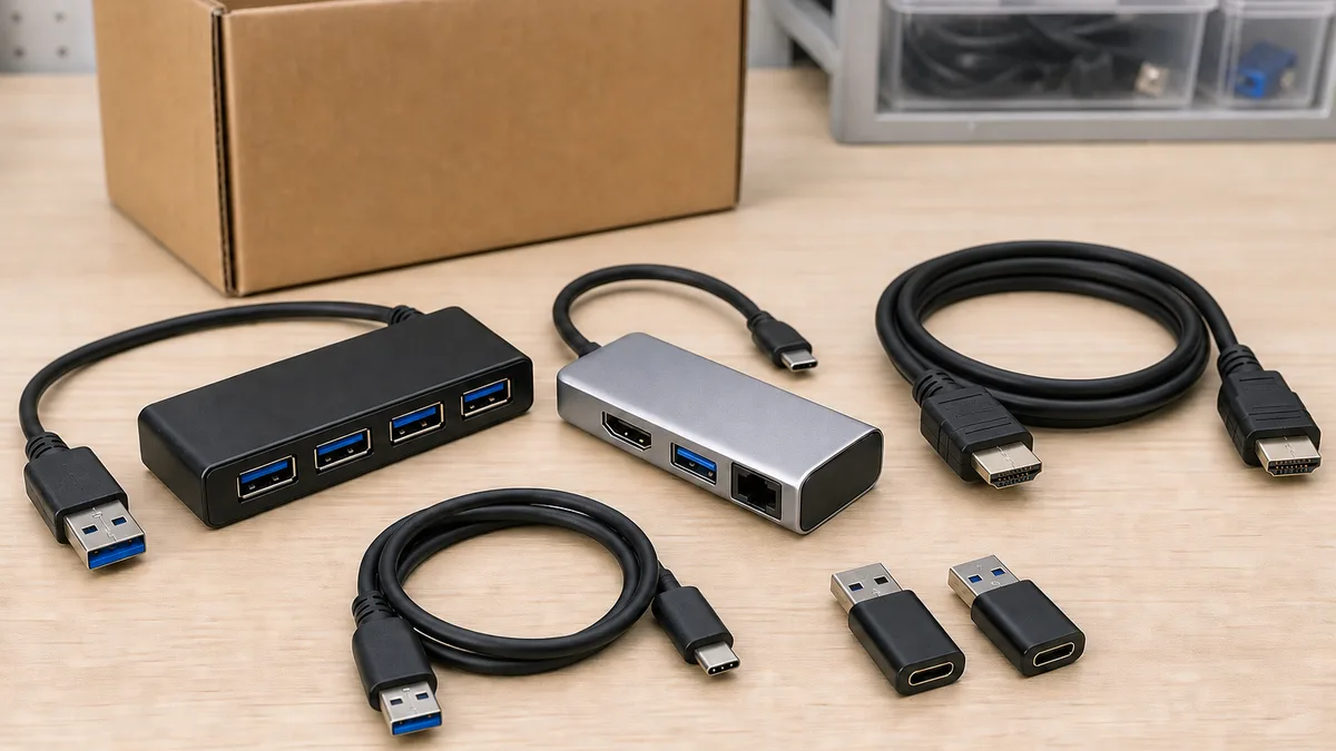 Hub USB-A, adaptador multipuerto USB-C, cable HDMI y adaptadores organizados para donación.