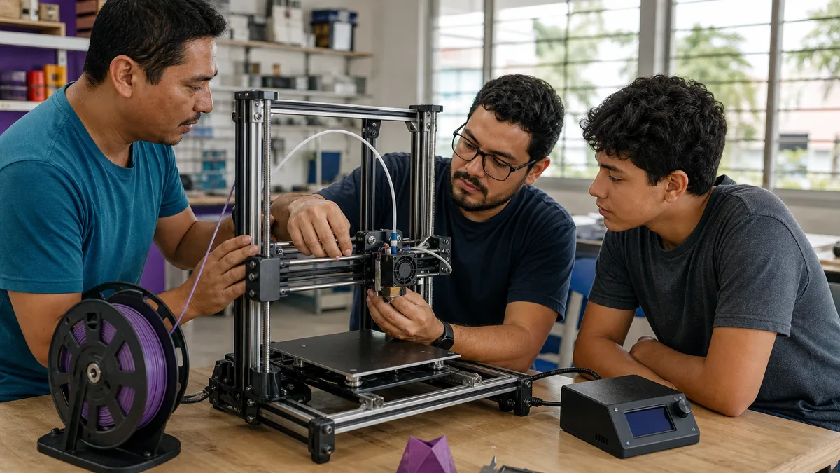 Técnico, donante y estudiante inspeccionan una impresora 3D FDM usada antes de reutilizarla en educación.