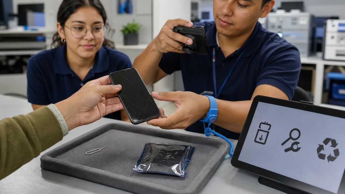 Donante entrega un teléfono con pantalla rota para documentar, evaluar, borrar datos y recuperar materiales.