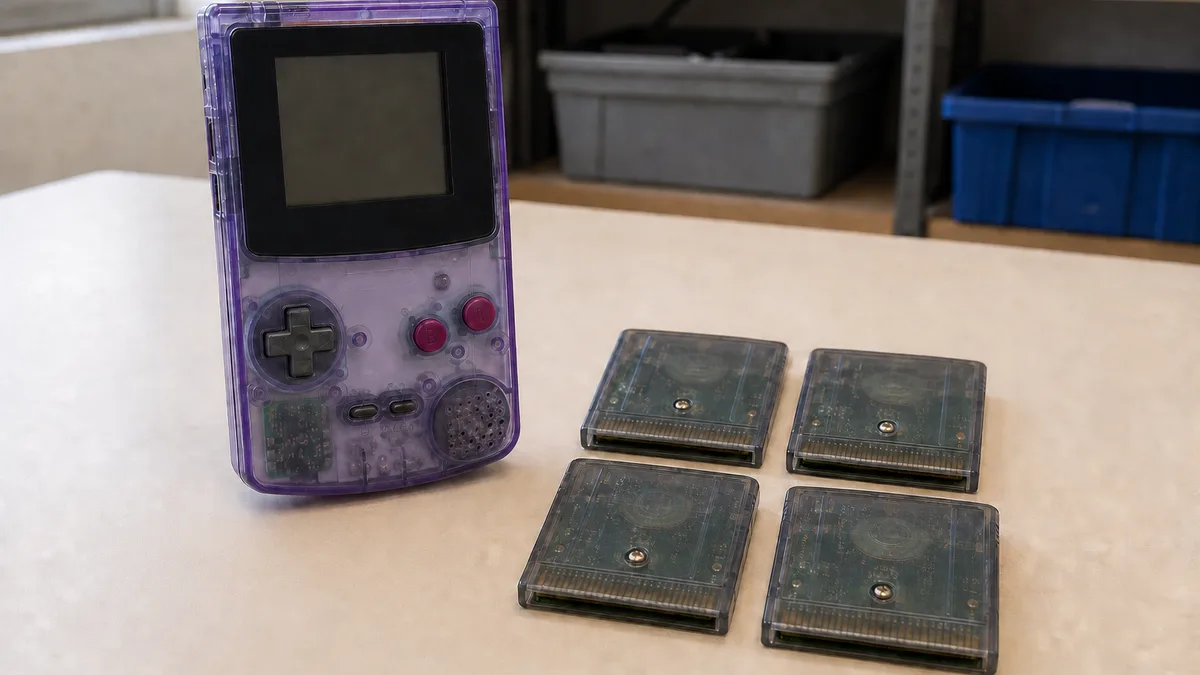 Consola Game Boy Color morada transparente con cuatro cartuchos sobre una mesa de donación.