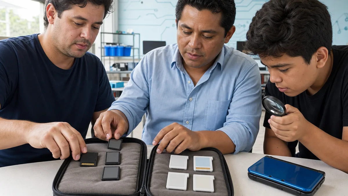 Donante, instructor y estudiante clasifican cartuchos oscuros de DS y cartuchos claros de 3DS en estuches separados.