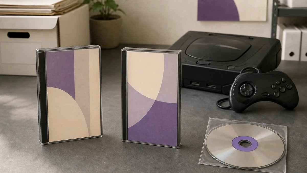 Dos cajas largas y un disco de juegos junto a una consola Sega Saturn negra con su control.
