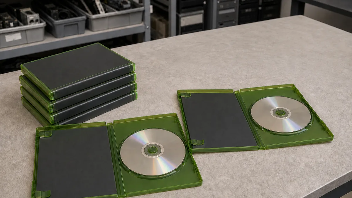 Seis estuches verdes de juegos para Xbox Original con dos discos ópticos visibles.