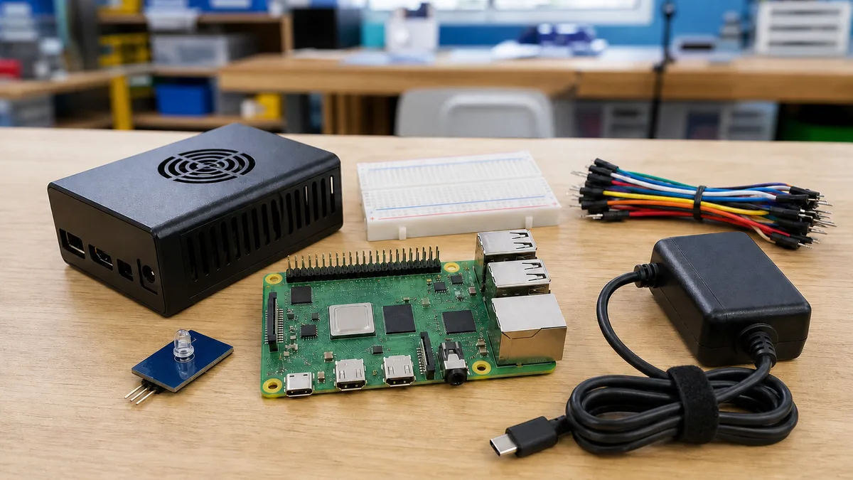 Kit Raspberry Pi con placa, carcasa, protoboard, cables, sensor y fuente de alimentación.