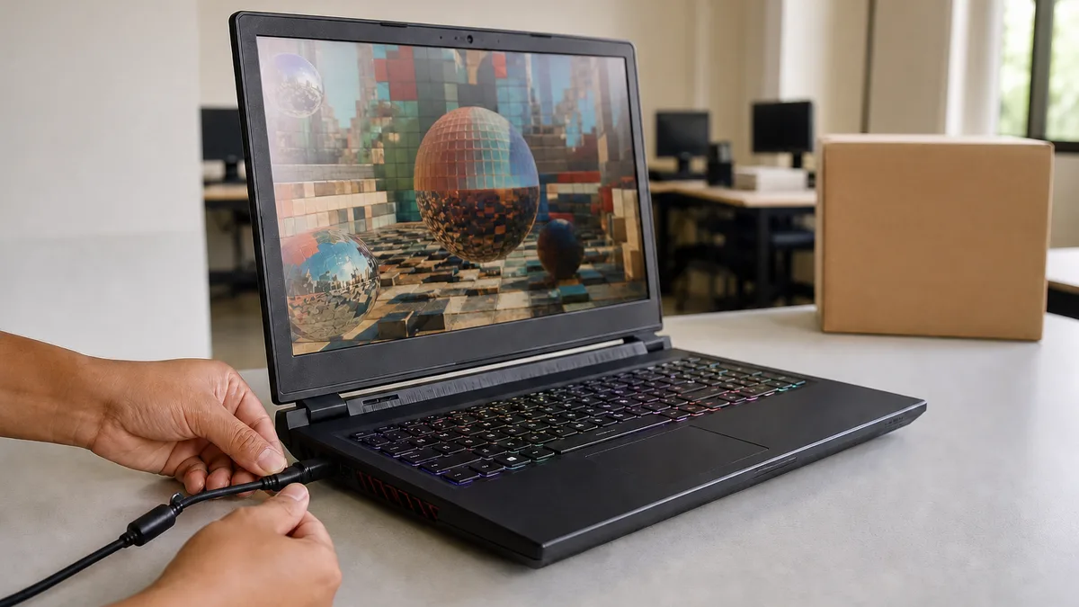 Persona revisando el cable de una laptop gamer usada junto a una caja para donación.