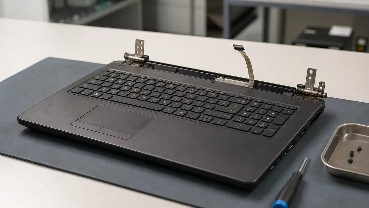 Base de una laptop usada sin pantalla, con bisagras y cable de video expuestos para inspección.
