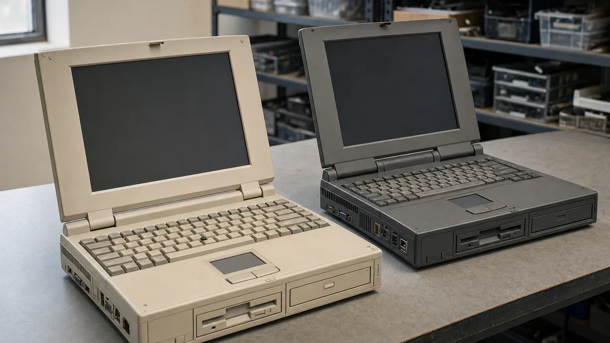 Dos laptops gruesas de finales de los años noventa con pantallas apagadas y unidades de disquete y CD-ROM.