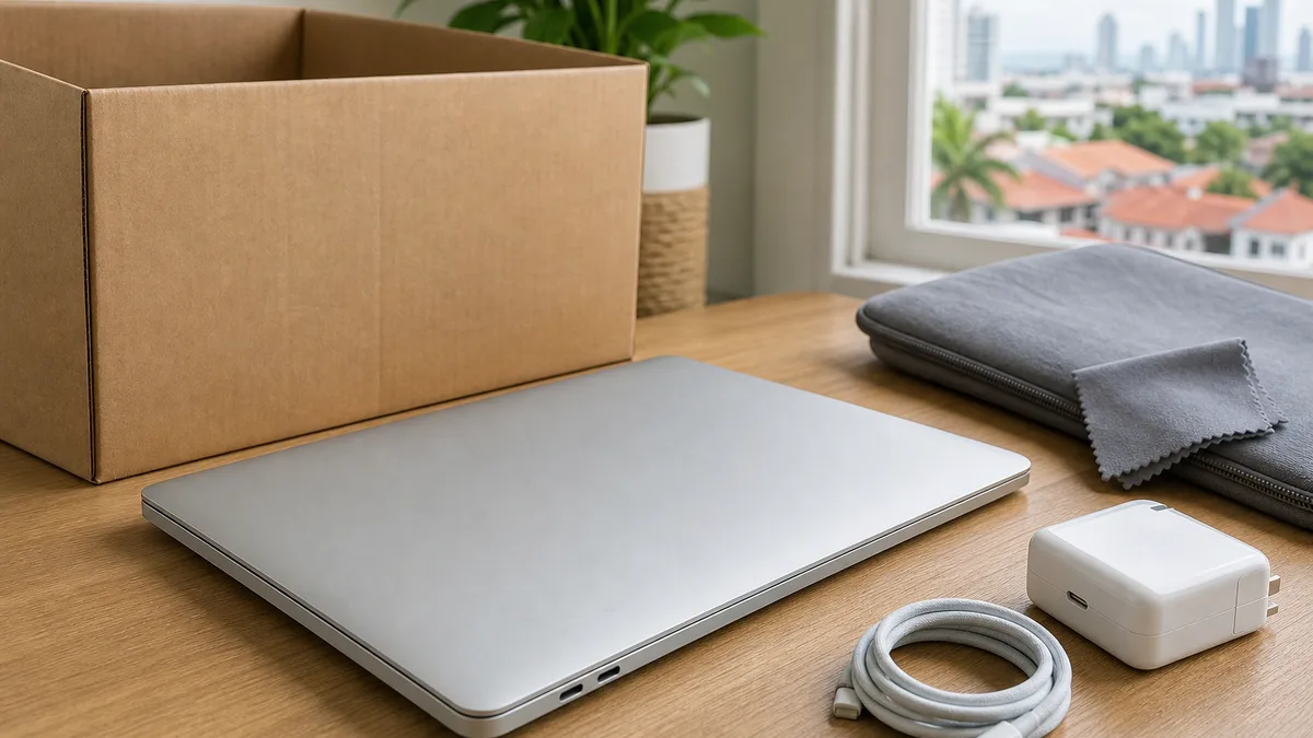Portátil usado de aluminio tipo MacBook con cargador USB-C, funda y caja para donación.